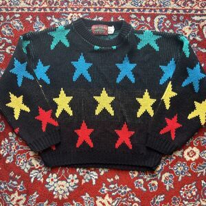 Vintage Knit Sweater Boys Youth Large Black With colorful stars 80s